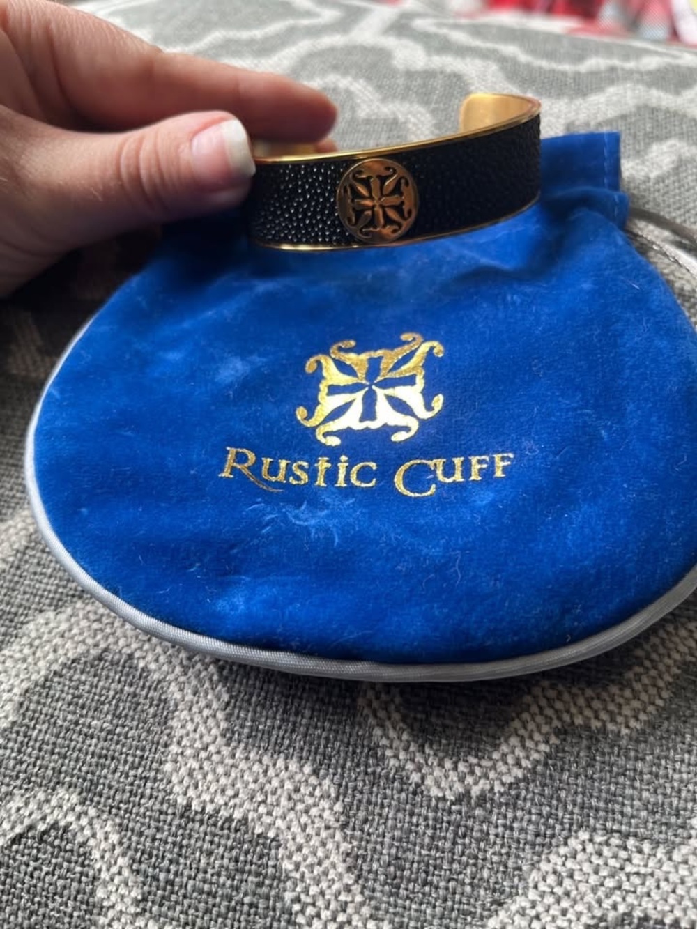 Rustic Cuff Black and Gold Leather-Textured Cuff Bracelet